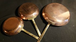 3 Vintage French Copper Frying Sauté Pans Tin Lined Cuisine Brass Handles