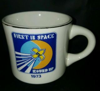 Vtg Bsa First In Space 1973 Round Up Boy Scout Coffee Cup Mug
