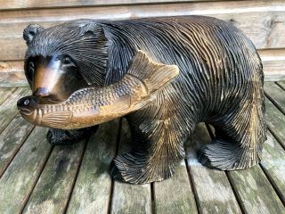 Vintage Large Japanese Kibori Kuma Carved Wood Woodenware Brown Bear With Fish