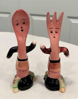 Vintage Anthropomorphic Running Spoon And Fork Salt And Pepper Shakers