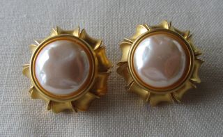 Vintage Gold Tone Oversize Clip On Earrings With Faux Pearls