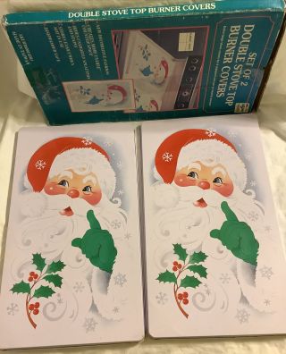 2 Piece Santa Clause Christmas Stove Top Rectangle Burner Covers Vintage Decor