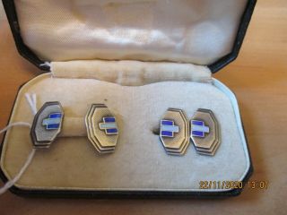 Antique,  Art Deco Vintage Sterling Silver Geometric Blue Enamel Cufflinks Boxed