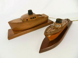 2x Retro Vintage Nautical Lamp Bases Mid Century Hand Carved Teak Wood N35