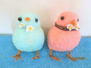 2 Vintage Sugared Pink & Blue Easter Chicks Figures
