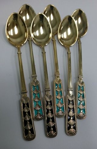 Set Of 6 Gold Over Sterling Silver Enamel Demitasse Spoons W/ Box David Andersen