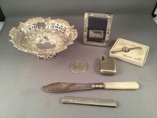 Joblot Of 7 Silver Items,  Poss Re - Or Scrap,  Inc Frame,  Bowl & Vesta Case