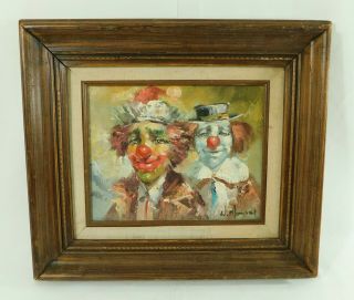 Vintage Signed Moninet 16 " X 14 " Clowns Oil Painting On Canvas Wood Frame