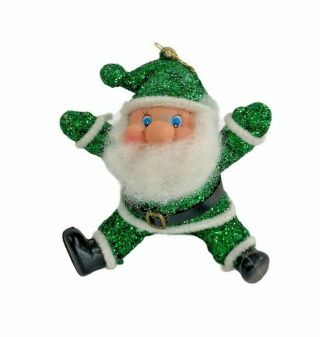 Vintage Christmas Blow Mold Green Glitter Santa Claus Ornament 3.  5 " Touch Down