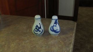 Vintage Blue & White Stoneware Salt And Pepper Shakers