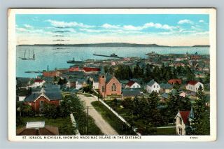 St Ignace Mi Showing Mackinac Island In Distance Vintage Michigan C1935 Postcard