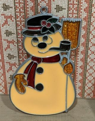 Vintage Stained Glass Frosty Snowman Ornament Suncatcher Winter Decoration Cute