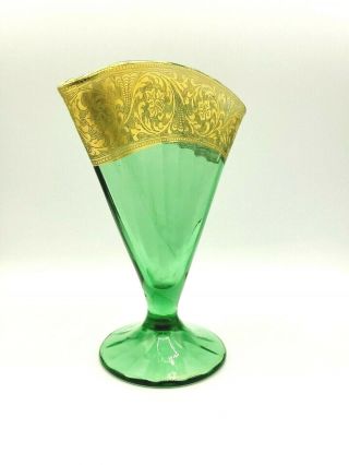Antique Art Deco Green Glass Fan Vase With Gold Gilt Design Wavy Glass Lovely