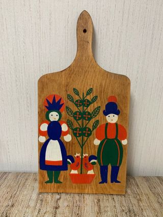Great Vintage Wood Cutting Carving Board Nevco 1950’s Label Couple Chicken Tree