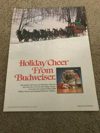 Vintage 1988 Budweiser Bud Beer Clydesdales Holiday Stein Poster Print Ad 1980s