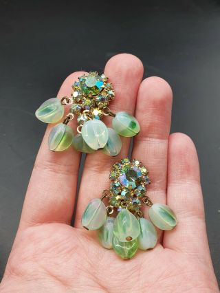 Vintage 1950s Green Glass And Diamante Clip Earrings