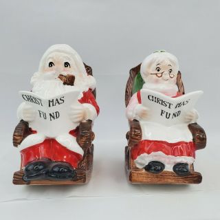 Set Of Vintage Lefton 6 " Ceramic Santa & Mrs Claus Christmas Fund Banks W/labels