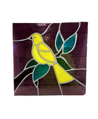 Vintage 12” Stained Glass Panel Sun Catcher Yellow Bird Leaded Window Decor