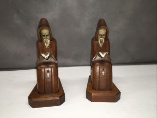 Vintage Set Wooden Carved Bookend Monk Friar Prayer Reading Book Bible Hooded 2