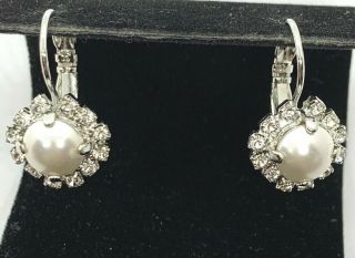 Vintage Silver Tone Crystal Rhinestone Faux Pearl Pierced Earrings Jewelry