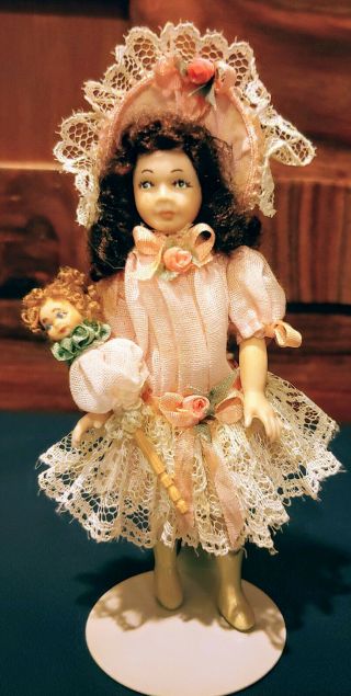 Miniature Porcelain Doll Victorian Girl W/toy Liz Staryk 1:12 Dollhouse Excellen