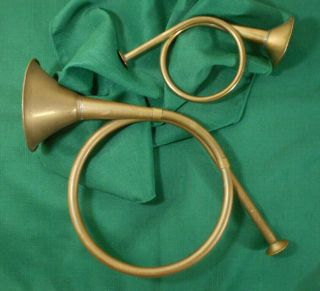 Vintage Set Of 2 Solid Brass Christmas French Horn Decorations 12 " & 7 "