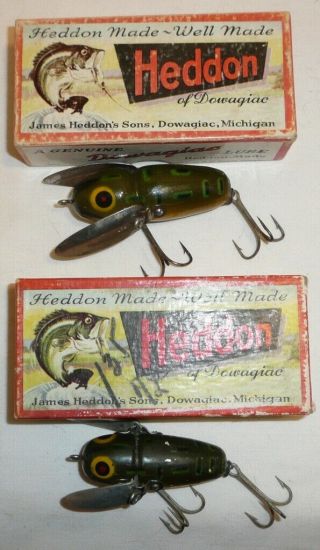 2 Wooden Heddon Crazy Crawlers Bull Frog Finishes & 2 Pc.  Boxes Cond.