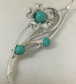 Vintage Sarah Coventry Turquoise Flower Brooch Pin Silver Tone Signed