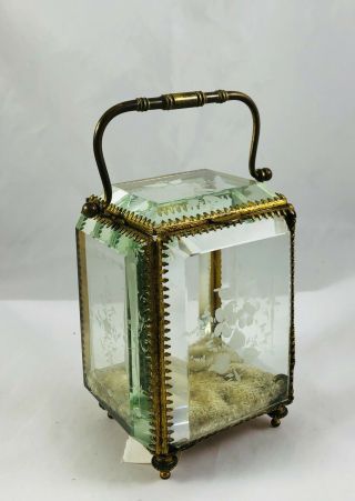 Antique Victorian Gold Gilt Ormolu Beveled Engraved Glass Jewelry Trinket Box