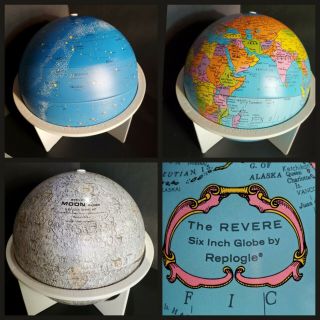 Vintage Revere 6 " Metal Globe Set By Replogle; Earth,  Moon,  Celestial