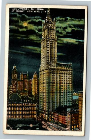 York City Ny,  Woolworth Building At Night,  Vintage York Postcard