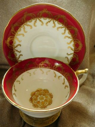 Vintage Aynsley Tea Cup And Saucer,  Deep Red Band Gold Design And Medallion Pat