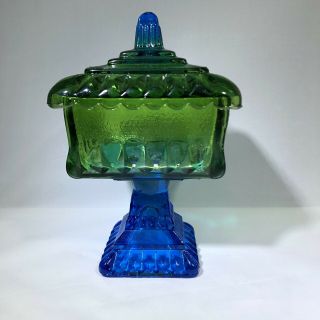 Vintage Jeannette Louisa Flash Blue Green Glass Wedding Bowl With Lid 8 1/4 " T