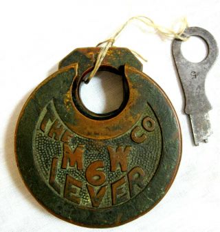 Vintage The M W Co 6 Lever Brass Padlock Lock Andpush Key Antique