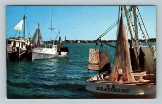 Shrimp Boats,  Nets,  Lighthouse,  Ocracoke Island North Carolina Vintage Postcard