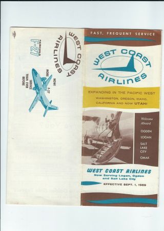 West Coast Airlines.  September.  1 1959 Timetable W/f - 27.  Cover