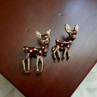 Set Of 2 Vintage Little Deer Brooches.  Gold Tone,  Enamel,  Rhinestones And.