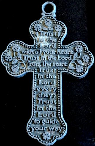 Vintage Catholic Camco Trust In The Lord Prayer Silver Tone Cross Medal