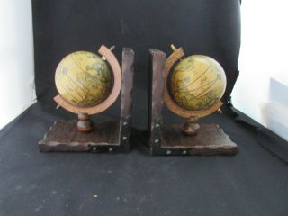 Vintage Old World Globes Book Ends Wooden Ends With Globes Larger Size Matching