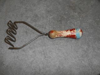 Vintage - Potato Masher With Red / White & Blue Painted Wooden Handle