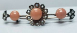 Victorian Antique Yellow Gold Fill 1.  75 " Long Bar Pin Orange Coral Pearl Halo 3g