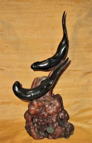 Vintage John Perry Sculpture Otter Duo On Burl Wood Base 13 " H