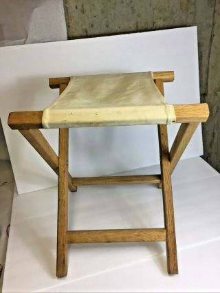 Vintage Folding Camp Stool Chair Canvas & Wood.  Great For Camp / Re - Enacting.