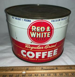 Antique Red & White Grocery Store 1lb Keywind Coffee Tin Litho Can Old