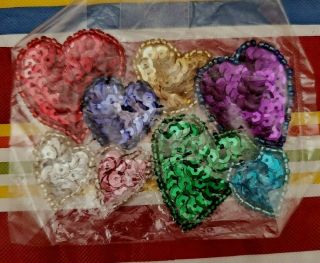 Vintage Red Green Silver Gold Purple Blue Heart Sequin Applique