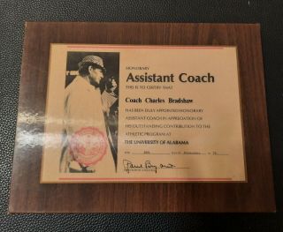 University Of Alabama Bear Bryant Signed Plaque - Charlie Bradshaw Coach 1975