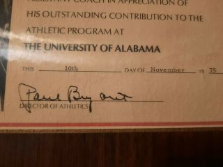 University of Alabama Bear Bryant Signed Plaque - Charlie Bradshaw Coach 1975 2