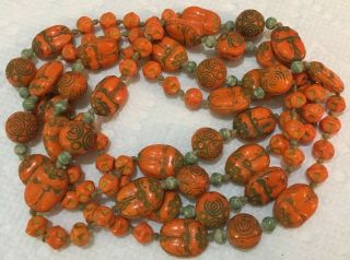 Vintage Art Deco Egyptian Revival Orange Scarab Glass Bead 21 " Necklace