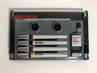 Vintage 1981 Koh - I - Noor Rapidograph Pens Set Of 4 3165 - Sp4 With Case & Box Euc