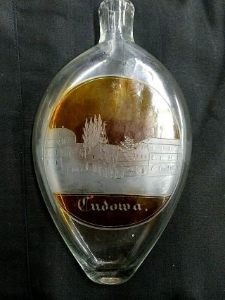 Antique Glass Whiskey Flask Rounded Polish 1847 Village Etched In Glass Teardrop